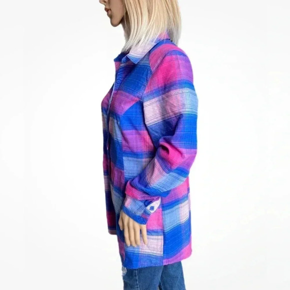 COLUMBIA Omni Wick Button Down Pink Blue Plaid Logo Shirt Long Sleeve - Picture 3 of 10